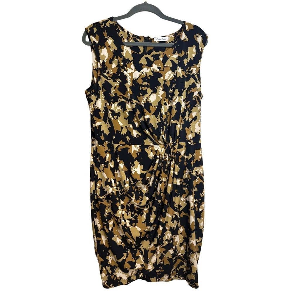 Calvin Klein Women's 12 Faux Wrap Dress Cap Sleeve Black Gold Chic Style Elegant